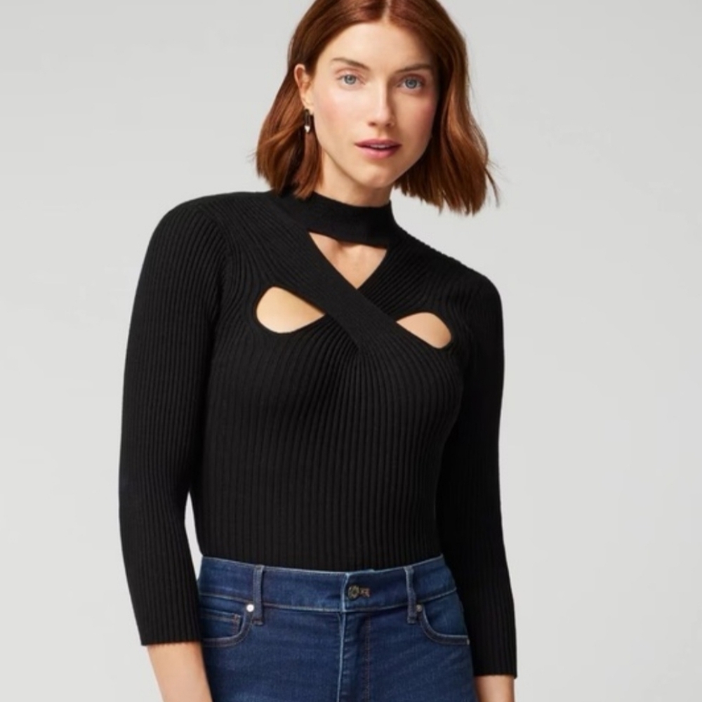 White House Black Market Black Cutout Ribbed Sweater Size Medium